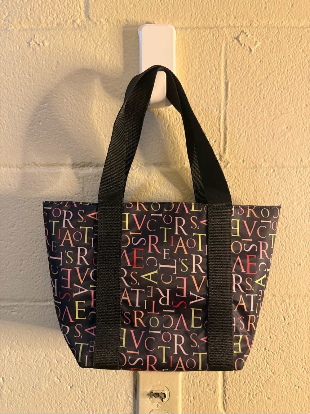 Victoria's Secret Navy Tote with Multicolor Letter Print and Black Straps